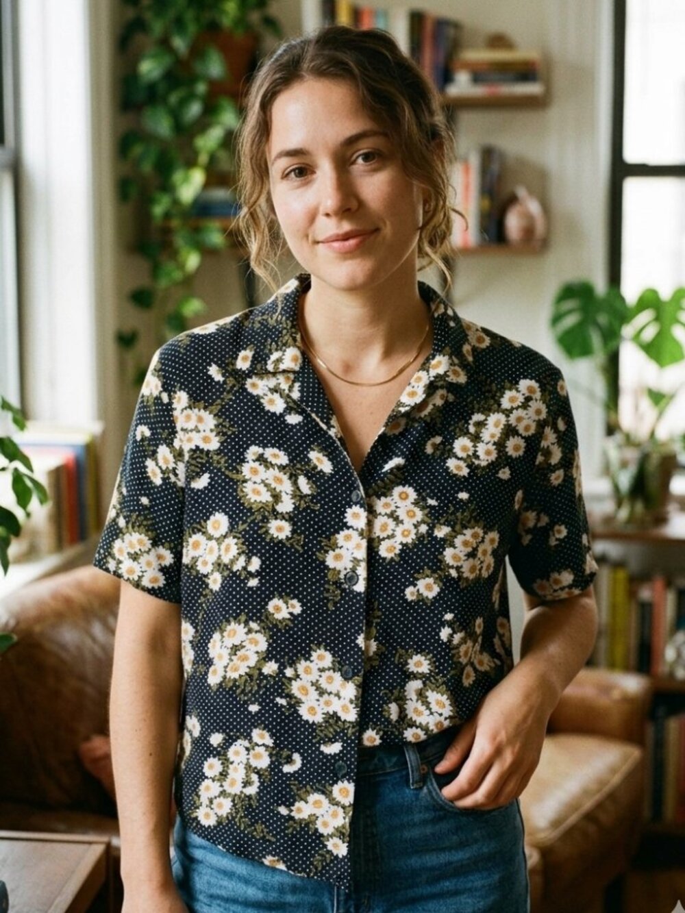 Vintage Rayon Blouse - Polka Dot, Short Sleeve - Made in Canada, Size M